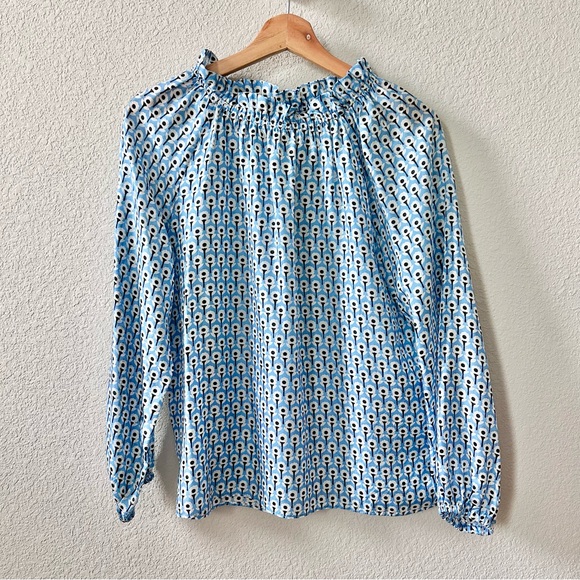 ANN MASHBURN Tops - Ann Mashburn Silk Blue Floral Print Blouse Top Size Small Long Sleeve High Neck